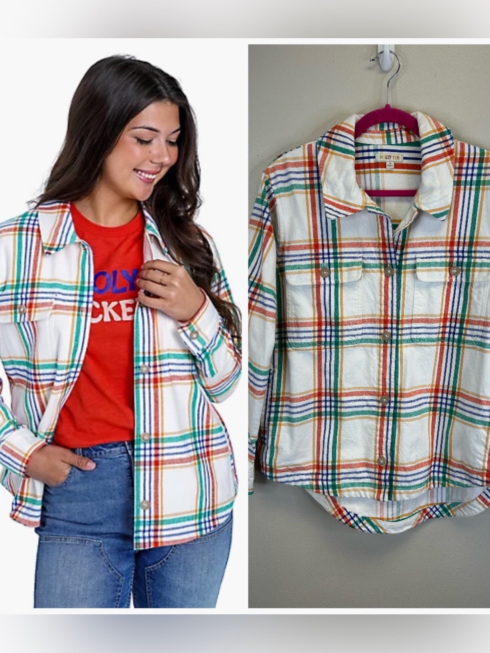 Plaid Button Front Shacket Flannel Size M Pockets Farm Outdoor Country Workwear